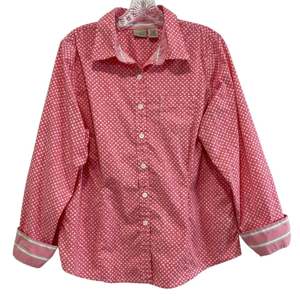 LL Bean‎ Pink Polka Dot Contrast Cuff Button Up Top Size L Cotton Casual Travel